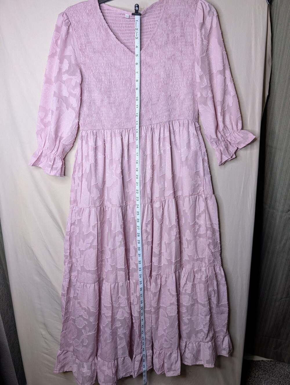 Women's V-Neck Smocked Textured Floral Midi Dress in Lavender - Picture 6 of 8